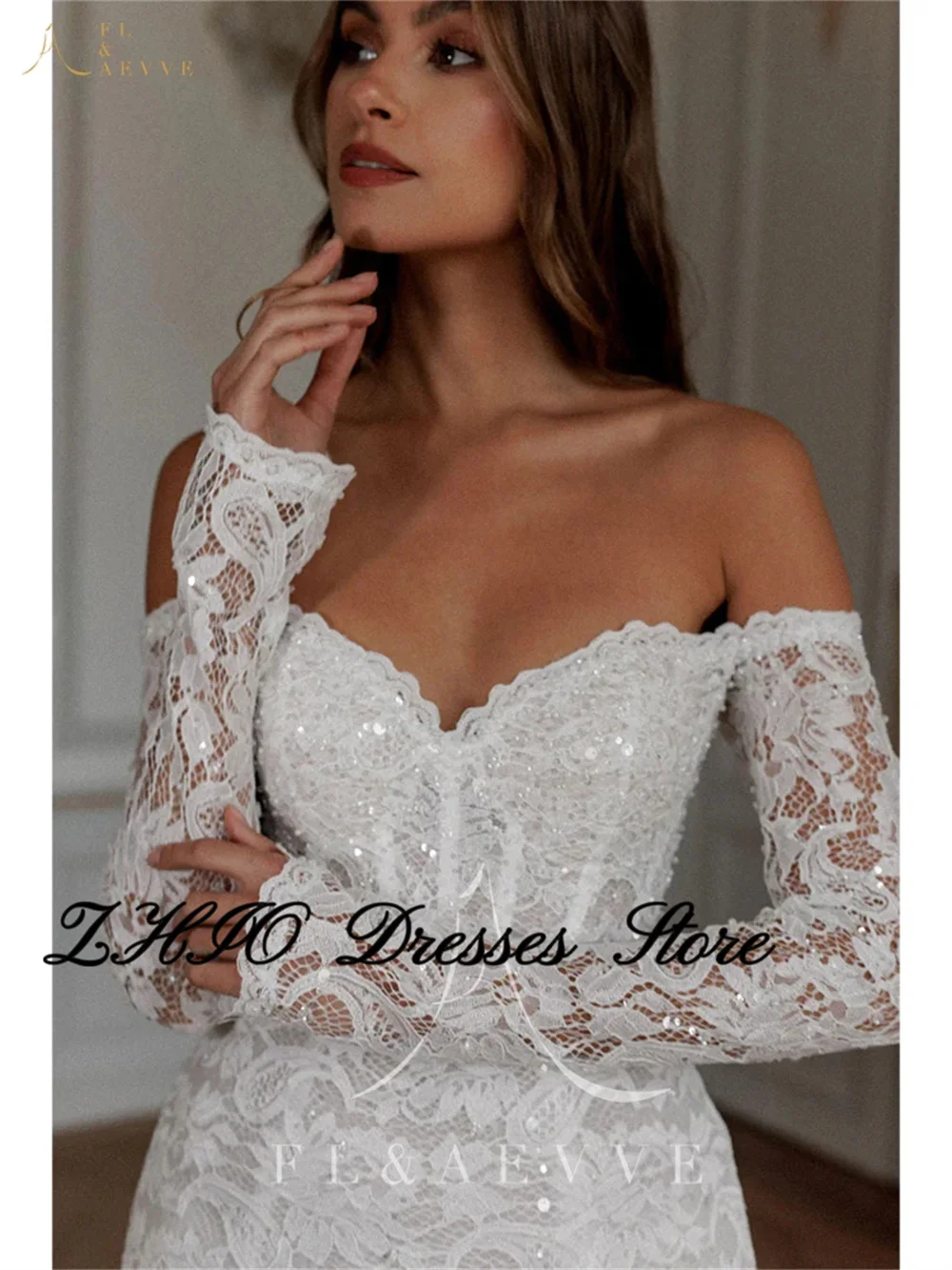 

ZHIO свадебное платье с открытыми плечами, кружевное свадебное платье русалки с длинными рукавами, женские платья невесты на шнуровке, платье для выпускного вечера по индивидуальному заказу