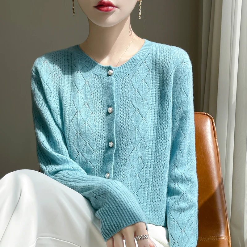 2024 Spring/Autumn New Fashion Women's Crewneck Sweater Pearl Buttons Hollow Long Sleeve Knitted Cardigan Women's Beautiful Top