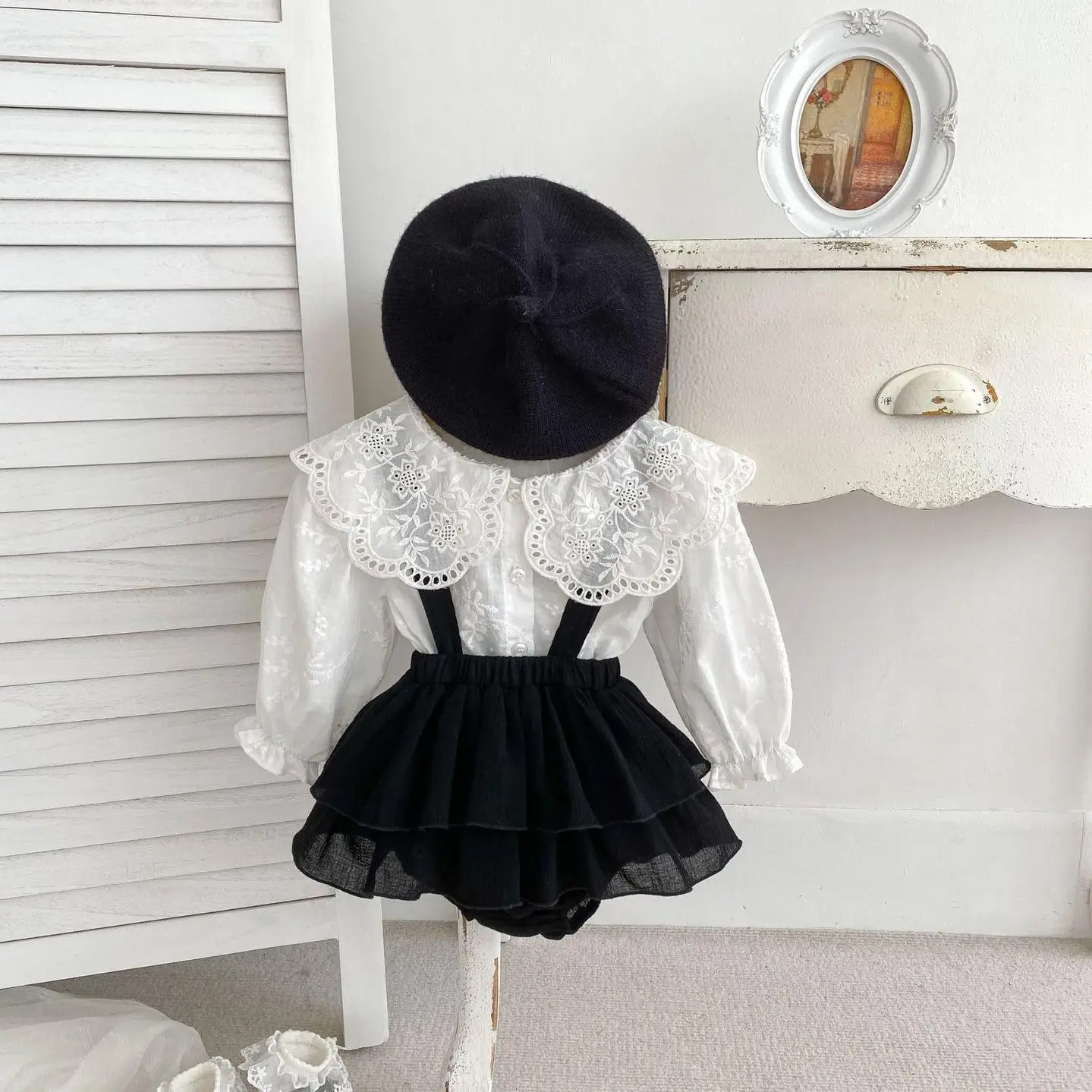 2024 Spring Girl Infant Solid Pleats Suspenders Bodysuit Dress Children Embroidery Lapel Long Sleeve Shirt Baby Cotton Overalls
