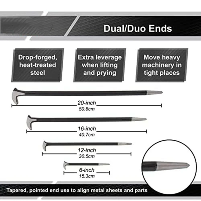 Rolling Head Pry Bar Set para senhoras, pé mecânico Pry Bar, preto e prata aço calcanhar alavanca, 6 polegadas, 12 polegadas, 16 polegadas, 4 peças