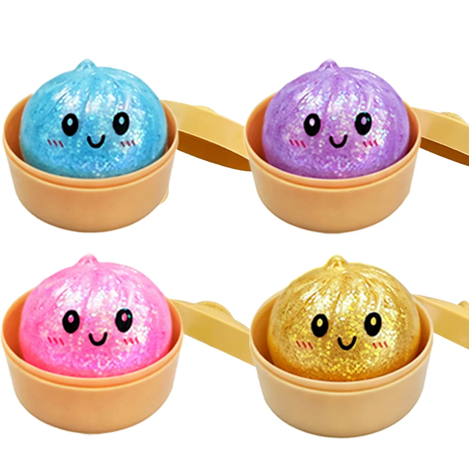 Glitzer-Dumpling-Squishy mit Box – Sensorischer Dampf-Dumpling aus weichem TPR-Teig für Dekompression, Fidget-Spielzeug, Stressabbau-Geschenk