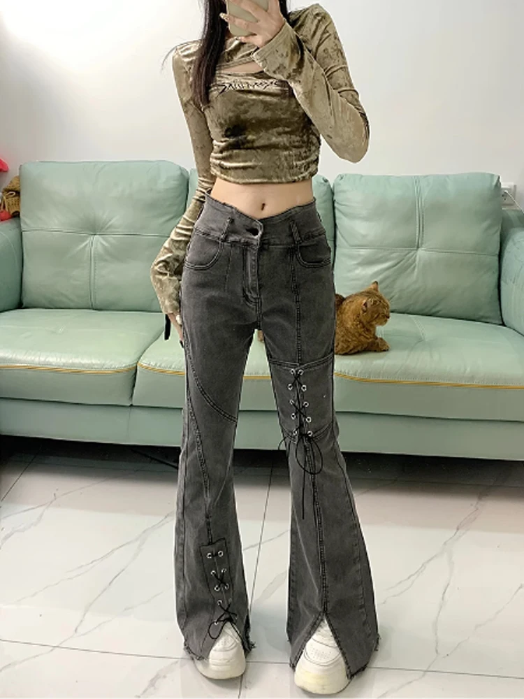 Spring and Autumn Korean High Waisted Niche Asymmetrical Lace Up Slit Slightly Flared Floor Length Jeans for Women