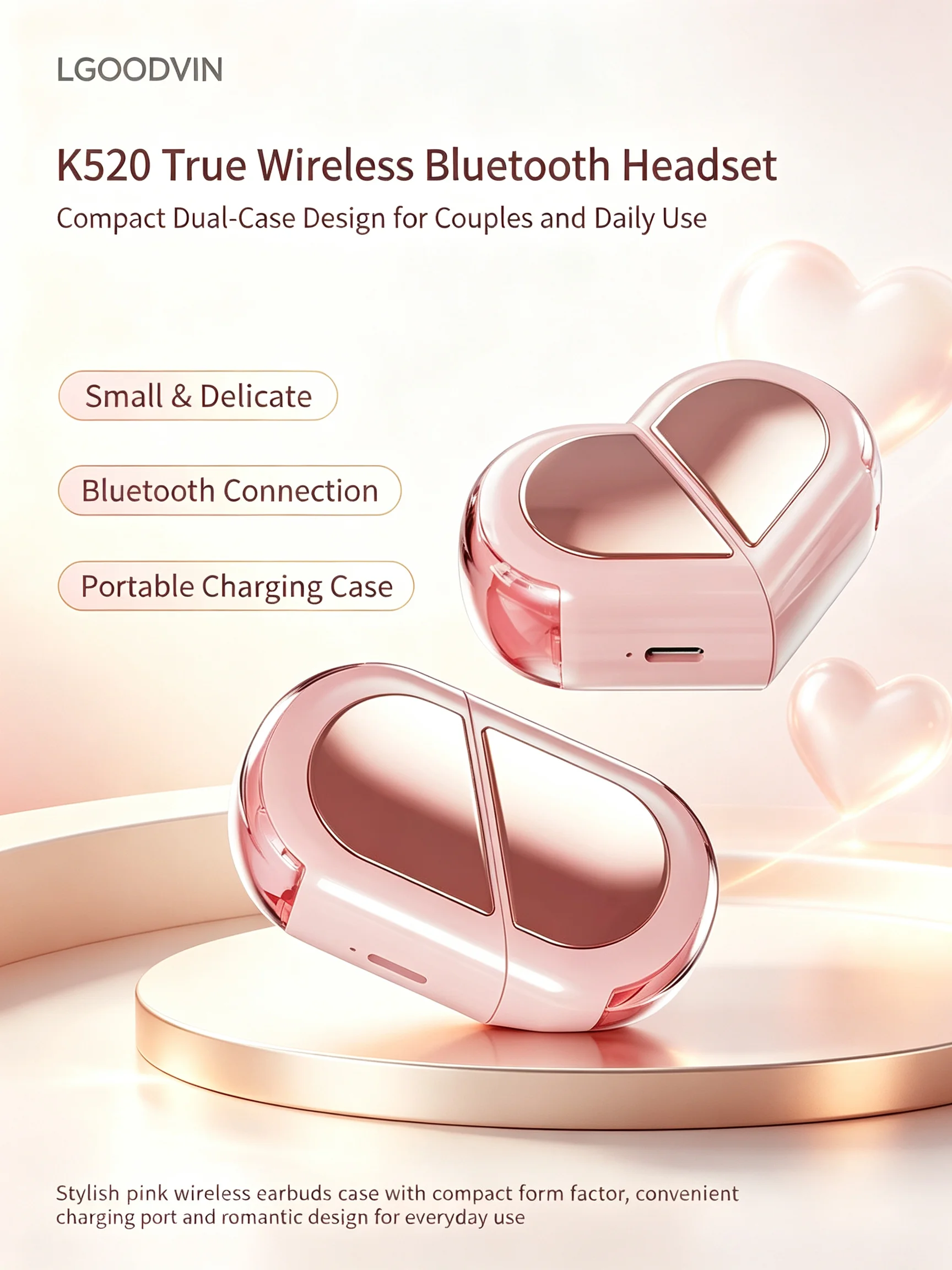 LGOODVIN New K520 Deformable Cute Heart‑Shaped TWS Bluetooth Earbuds K521, Compact Stereo Wireless Headphones