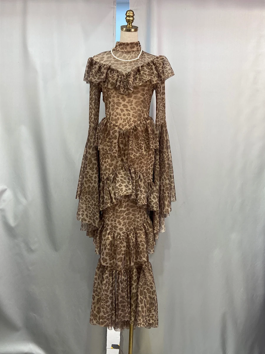 TWOTWINSTYLE Leopard Slimming Spliced Ruffles Folds Sexy Dresses for Women High Neck Long Sleeves Sheer Elegant Dress Female New