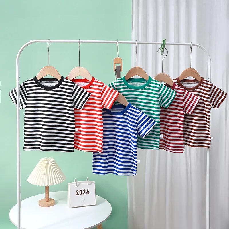 1pcs Summer Kid Pure Cotton Fashion Tops Boys Girls Stripe Tee Childrens Short Sleeve Clothes T-shirts Child Loose Casual Tshirt