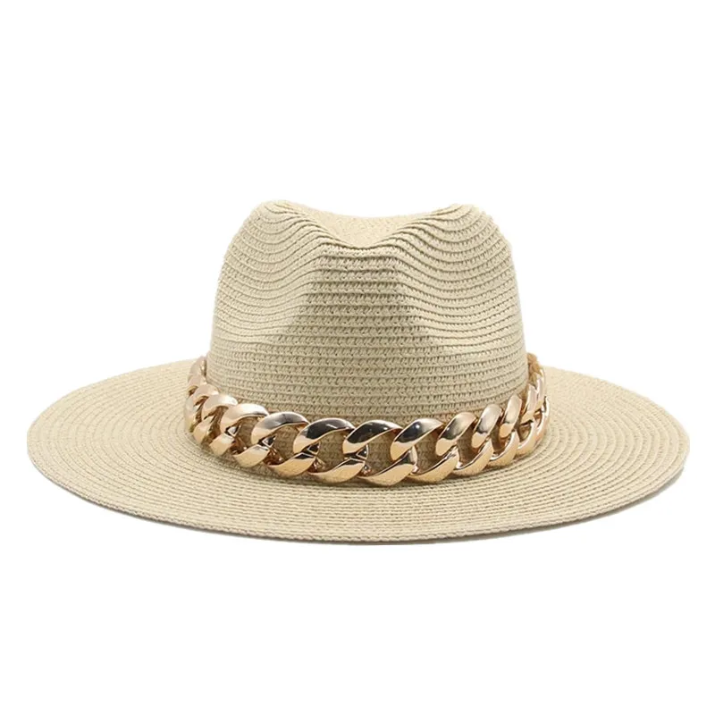 Hats for Women Hat Sun Straw Panama Gold Chain Belt Hats for Men Spring Black Khaki Beach Casual Summer Men Hats Sombrero Hombre