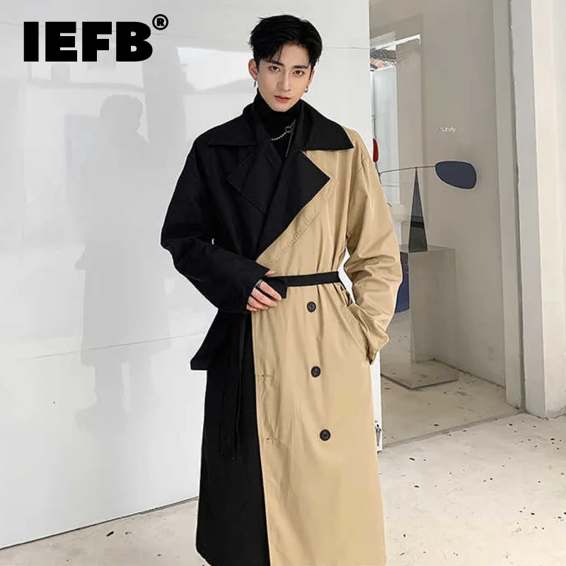 IEFB Oversize Long Coat Male Trench Men\'s Clothing Design Windbreaker With Belt Personality Hit Color Patchwork Loose Coat 9Y189