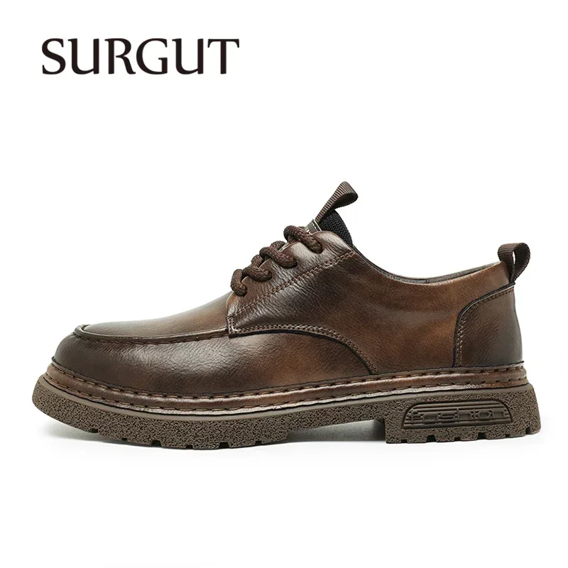 SURGUT Genuine Leather Fashion Casual Shoes Men Versatile Comfort Breathable Thick Heel Lace Up Anti-Skid Rubber Sole Shoes