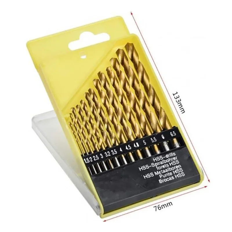 

13pcs HSS High Speed Steel Titanium Coated Drill Bit Set 1/4 Hex Shank 1.5mm-6.5mm Hexagonal Handle Twist Drill