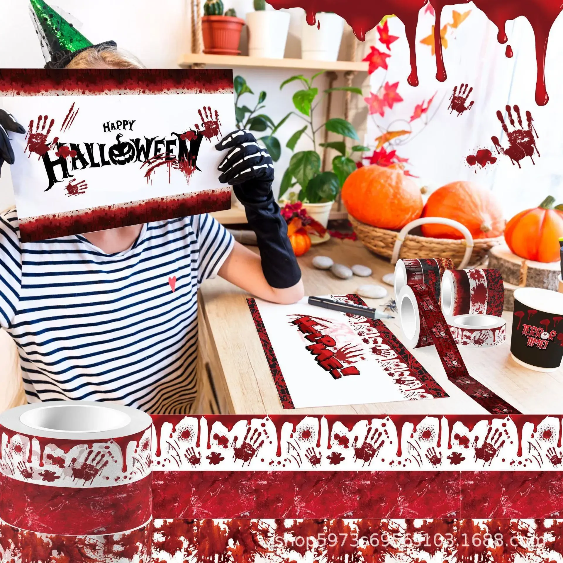 ملصق لفة شفافة لنزيف اليد الدموية للهالوين وشريط ورقي مصنوع يدويًا من مادة اشي #4