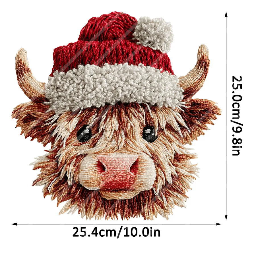 Retro Christmas Highland Cow DIY Iron-On Heat Transfer Sticker Decal T-shirts Sweatshirts Bag Pillowcases Clothing Xmas Decor