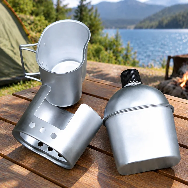 Durable Green Canvas Covered Aluminum Military Canteen Set with Water Bottle and Handle Cup - 3 Pieces