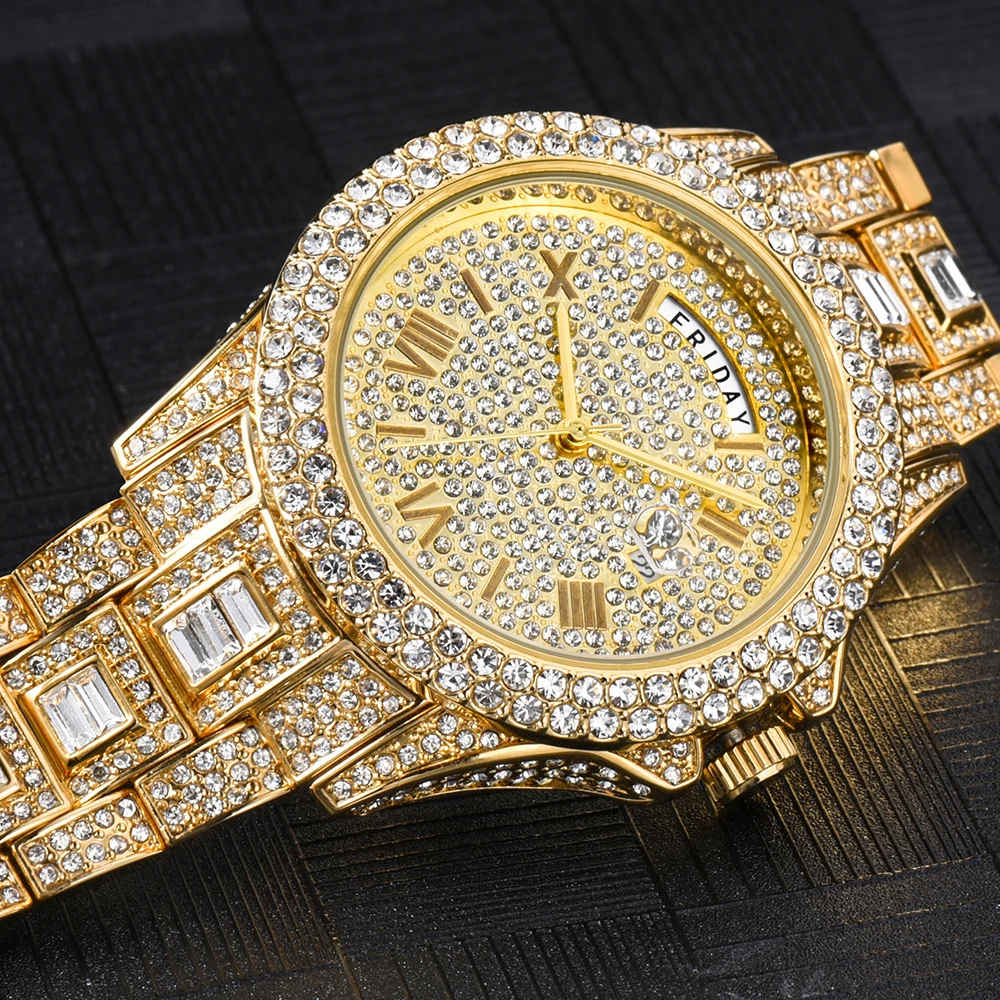 Full Iced Out Watch For Men Luxury Gold Hip Hop Diamond Quartz Mens Watches Waterproof Day Date Clock Best Selling Product 2023