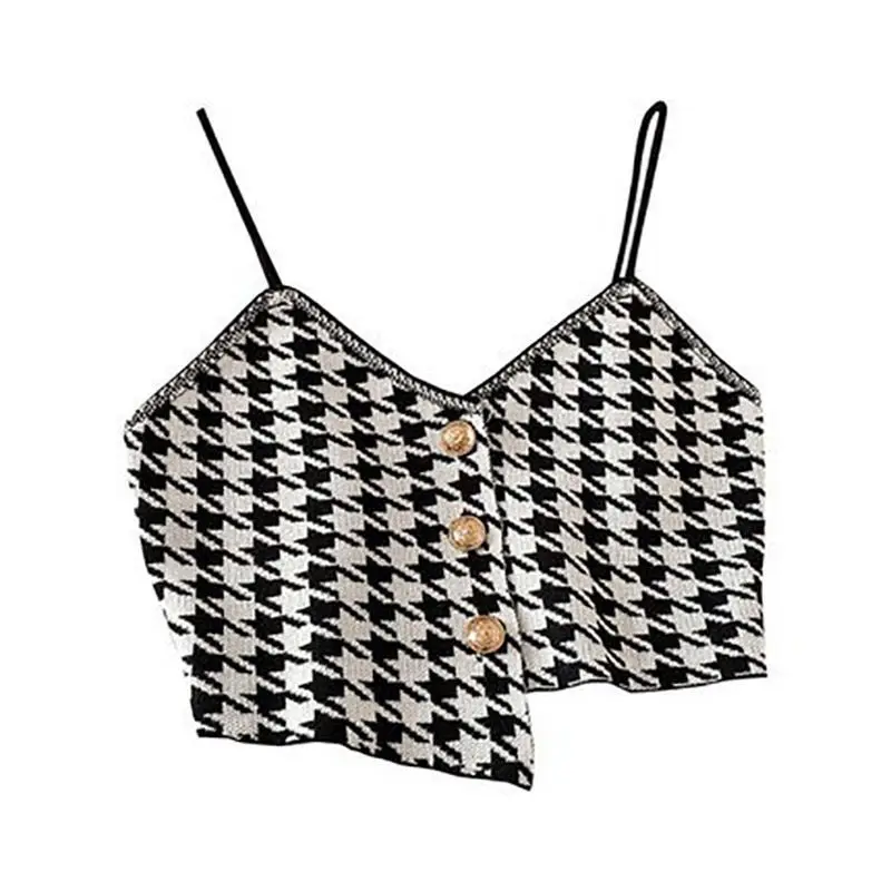 Spring Summer Temperament Houndstooth Top Tee Female Fashion Buttons Irregular Knitting Sling Camis 2024 New Fashionable Tops