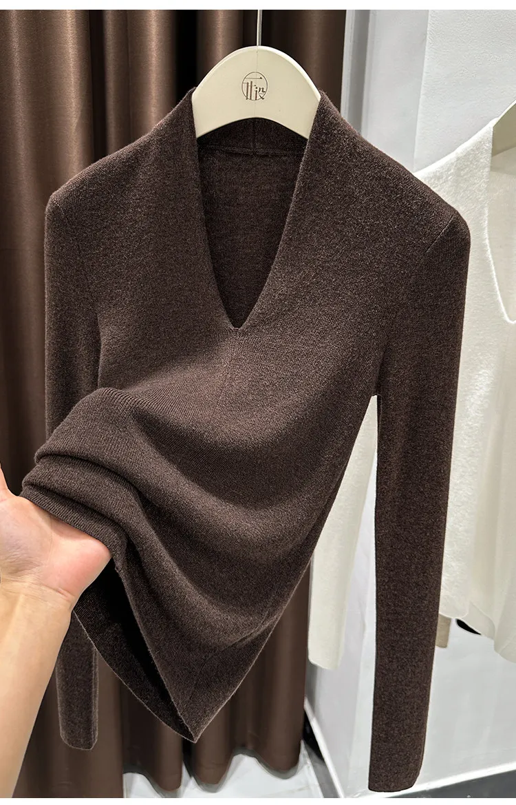 AOSSVIAO Herbst Winter Schwarzer Damen-Pullover mit V-Ausschnitt, langärmelig, schmale Passform, weicher Strickpullover, weiche, vielseitige Basic-Layering-Tops – Detail 17