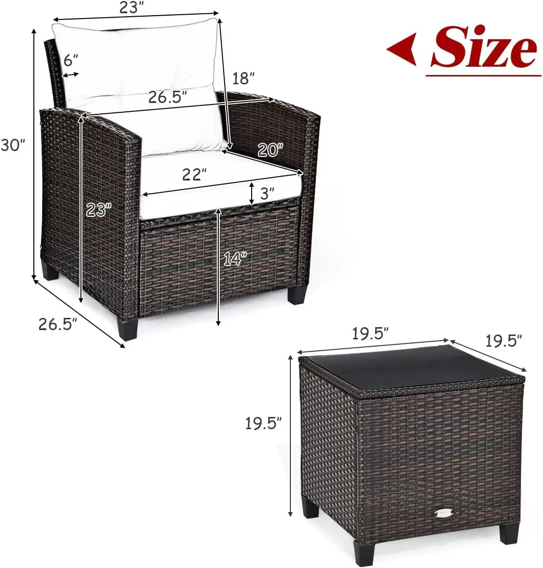 Wicker Patio Furniture 3 Piece w/ 2 Cushioned Armchairs & Glass Table, Outdoor Rattan for Porch Balcony Poolside, Customized