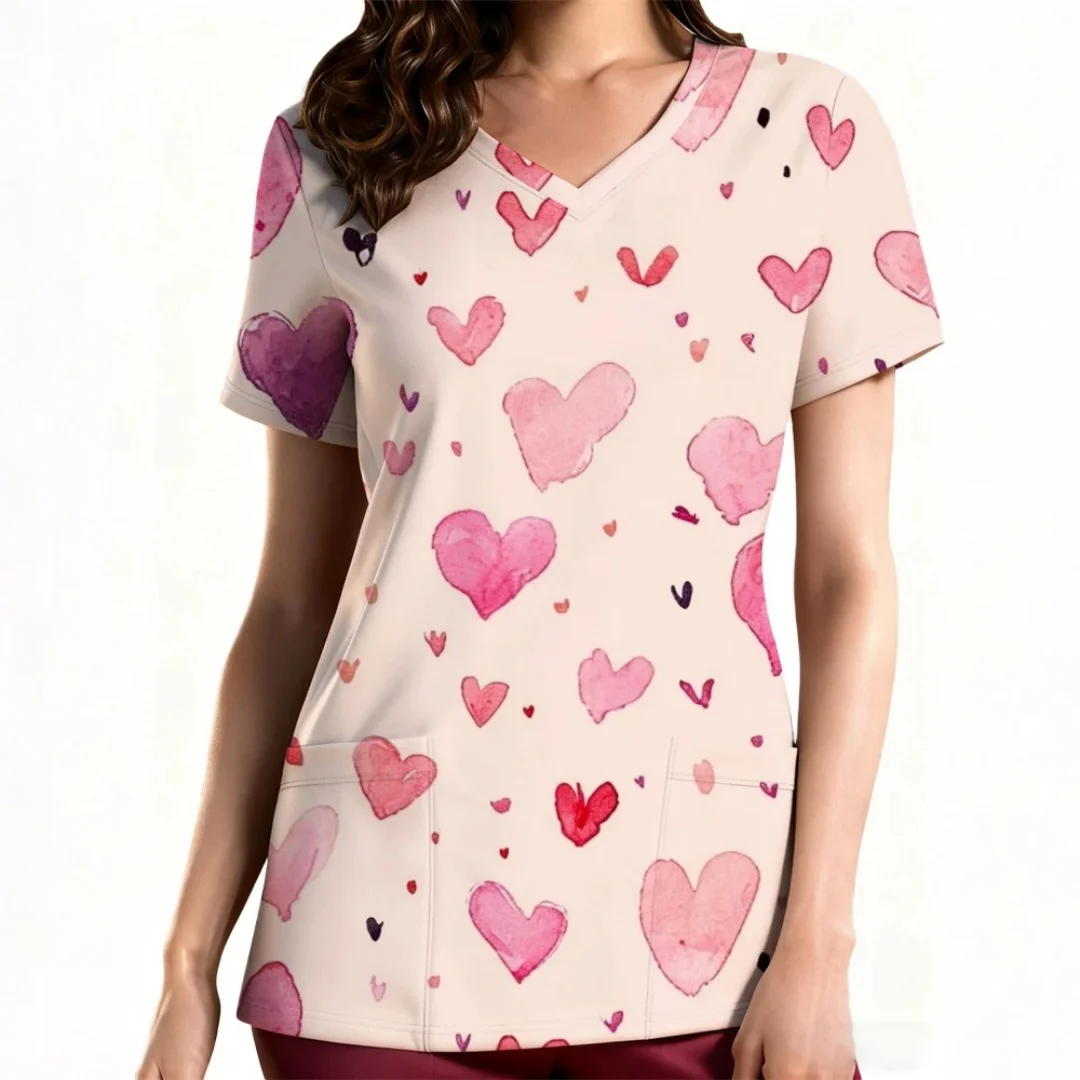 Uniforme da infermiera da donna con scollo a V stampata in 3D a tema San Valentino Simple Love, top da donna comodo e casual alla moda per tutti i giorni