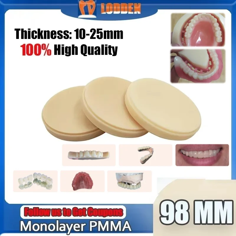 LODDEN Monolayer PMMA Dental 98mm para producción de laboratorio Dental, coronas dentales, puentes, modelo Dental, Material monocromático, disco de