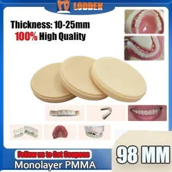 LODDEN Monolayer PMMA Dental 98mm para producción de laboratorio Dental, coronas dentales, puentes, modelo Dental, Material monocromático, disco de resina