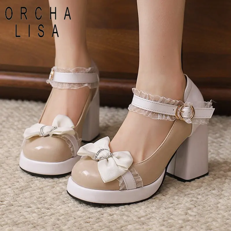 ORCHA LISA Sweet Lolita Girls Pumps Round Toe Block Heels 9.5cm Platform Buckle Strap Bowknot 42 43 Pink Women Shoes Mixed Color