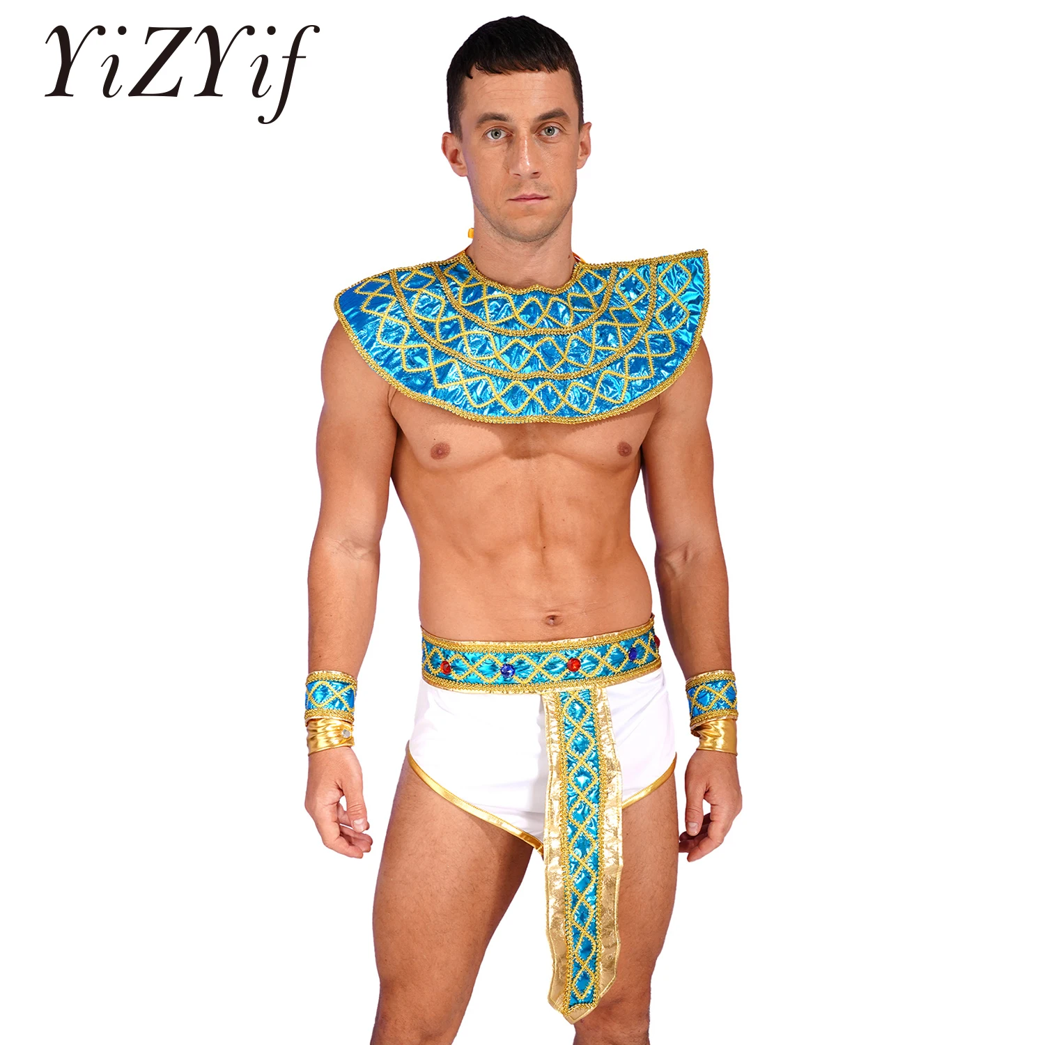 

Mens Halloween Theme Party Role Play Costumes Ancient Egyptian Pharaoh Cleopatra Cosplay Clothing Skirt Cuffs Collar Belt Set