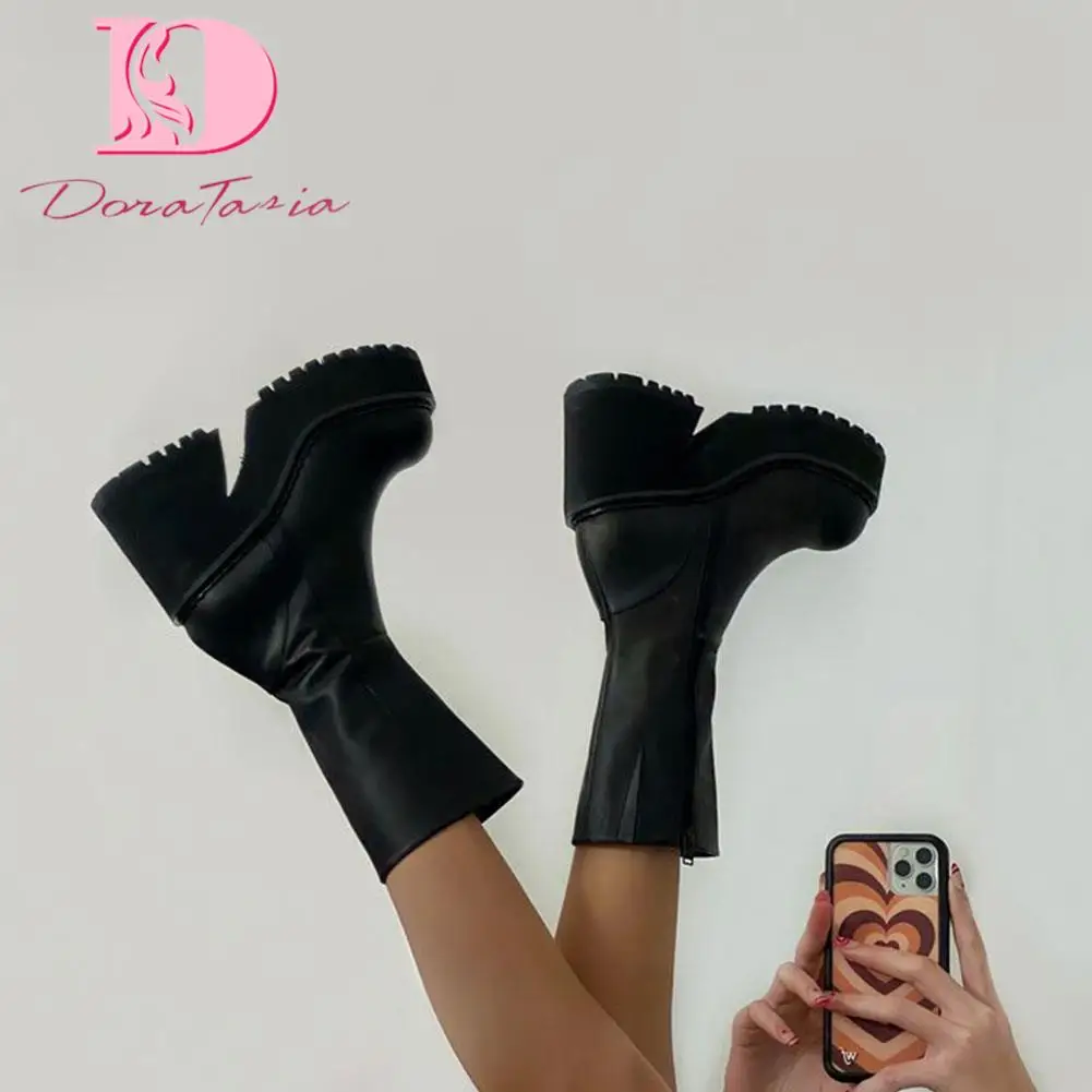 DoraTasia New Ladies Boots Platform Heels Chunky High Heels Women mid-calf Boots Zip Round Toe Solid Shoes Woman Autumn Winter