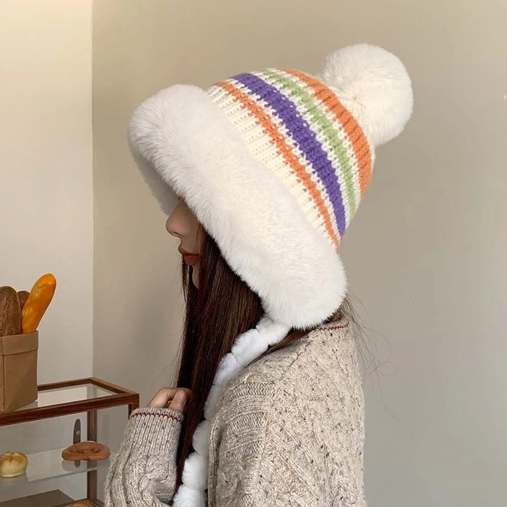 Fleece Lined Pompom Braids Hat Fur Brim Striped Knit Fleece Knit Beanie ElasticThick Windproof Earflap Winter Cap Skating