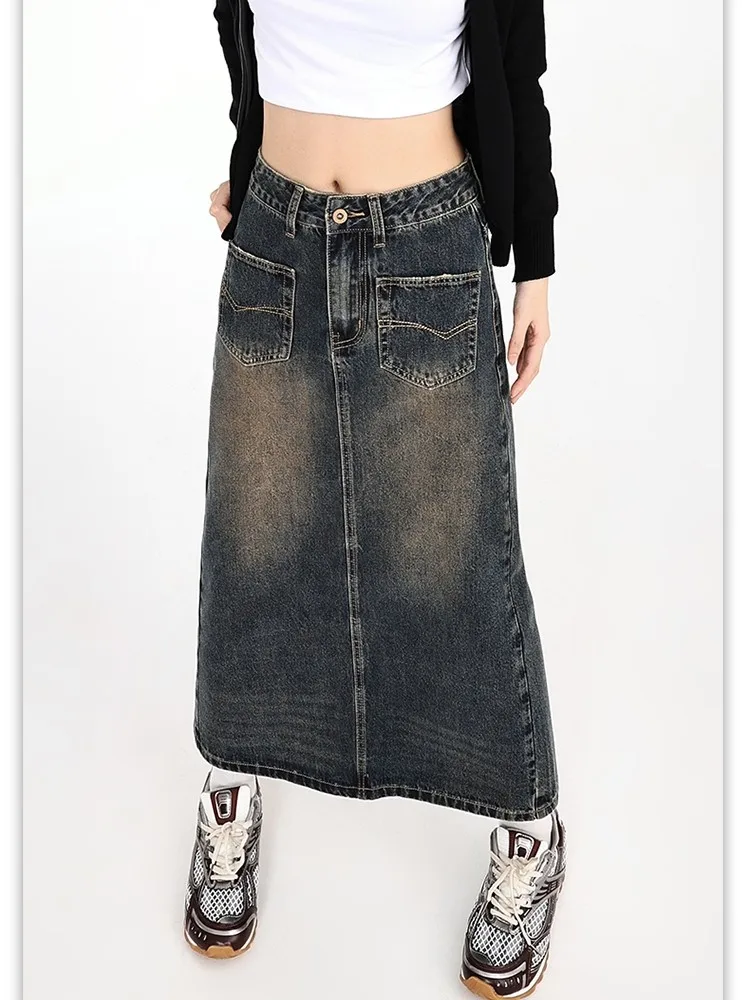 GUUZYUVIZ Vintage High Waist American Split Design Slim A-line Long Denim Skirt Women