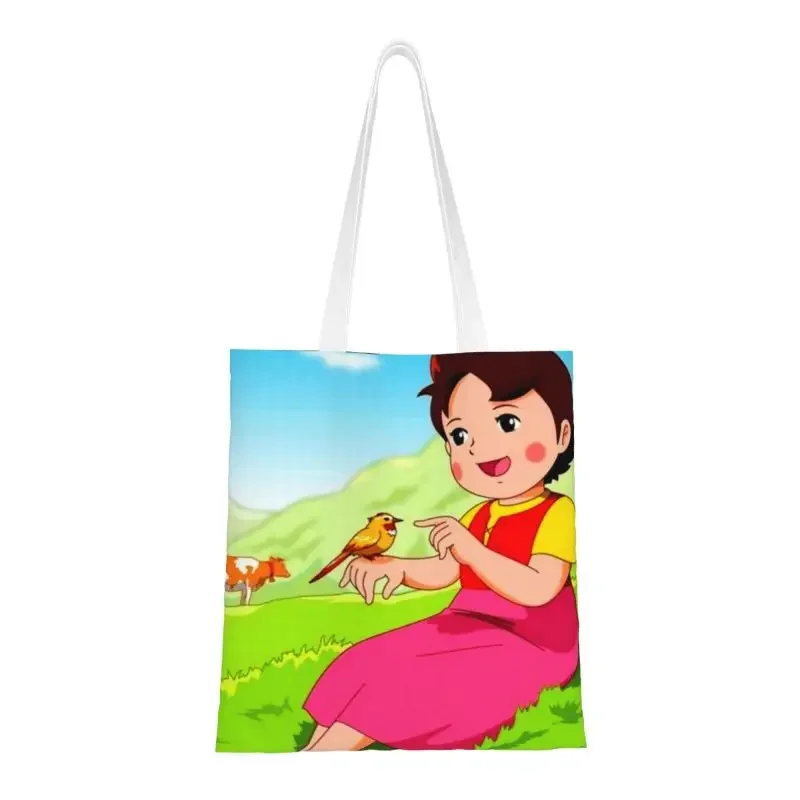 Cute Heidi Tames A Bird Shopping Tote Bag Recycling Cartoon Alps Mountain Canvas Groceries Shoulder Shopper Bag