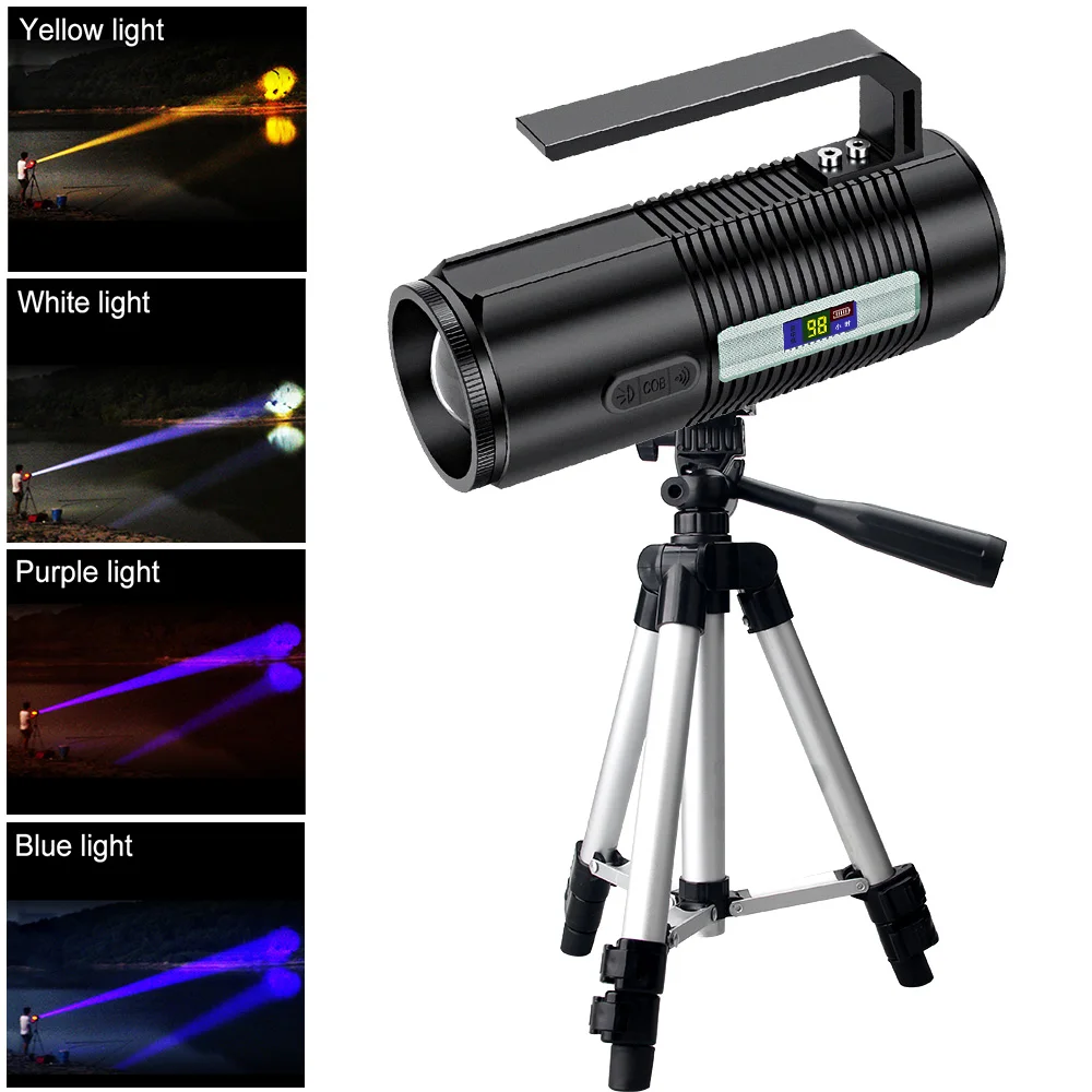 30W Powerful Fishing Light with Tripod 4 Color Searchlight Zoomable Flashlight Portable Spotlight Handheld Emergency Light