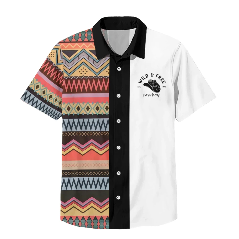 Fashion Ethnic Pattern Print T Shirt for Men Summer Casual Short Sleeve Lapel Shirts Male Open Placket Blouse Oversized Clothing