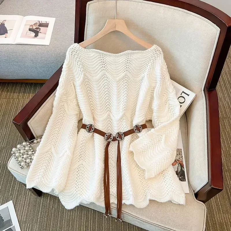 

Slimming Knitted Sweater Long Sleeve Pure Color Belted Waist Design Fashionable Anti-Aging Large Size Women's Clothing