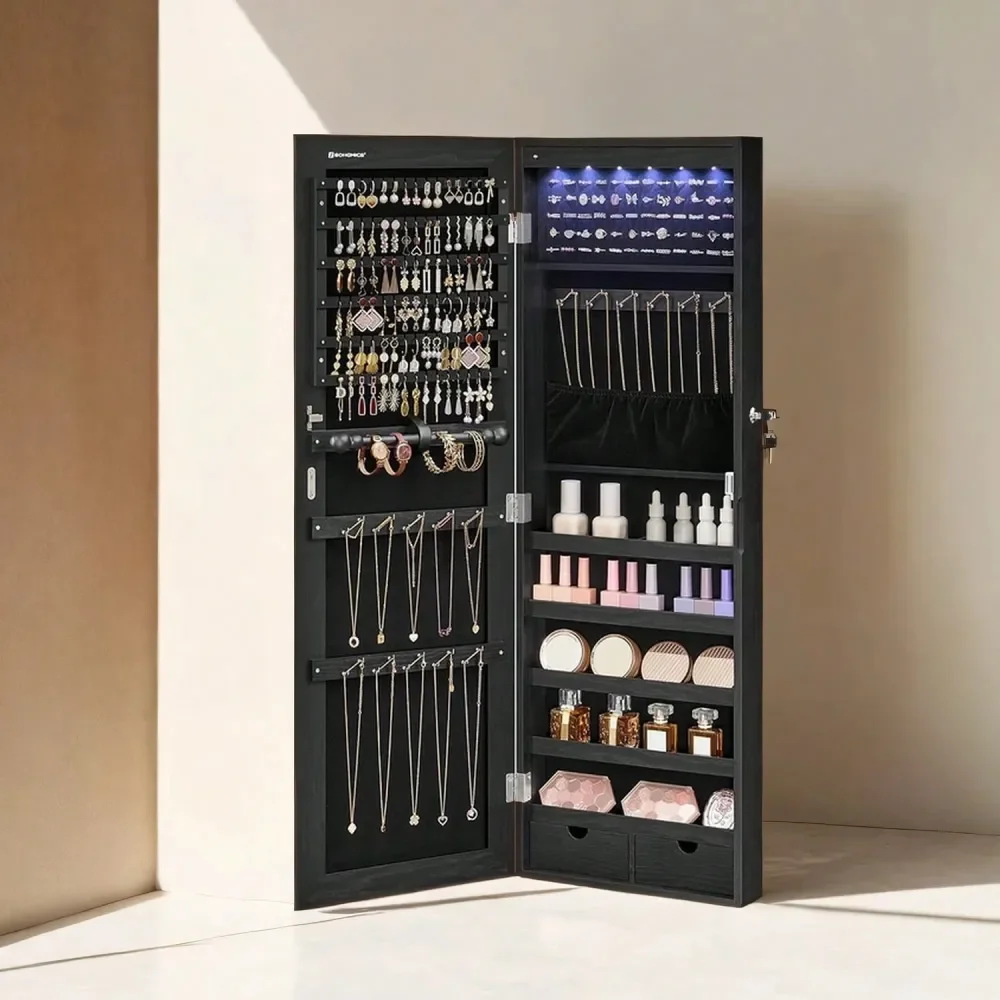 

Hanging Jewelry Cabinet, WallMounted With LED Interior Lights Jewelry Organizer, DoorMounted Organizer, FullLength Mirror, Gift