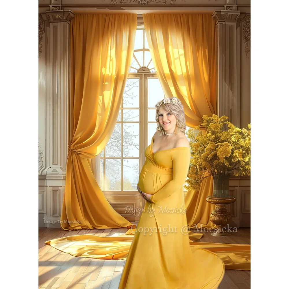 여아용 사진 배경, 결혼식 생일 파티 배경, 노란색 커튼 창 꽃 장식, 출산 예술 초상화 사진
