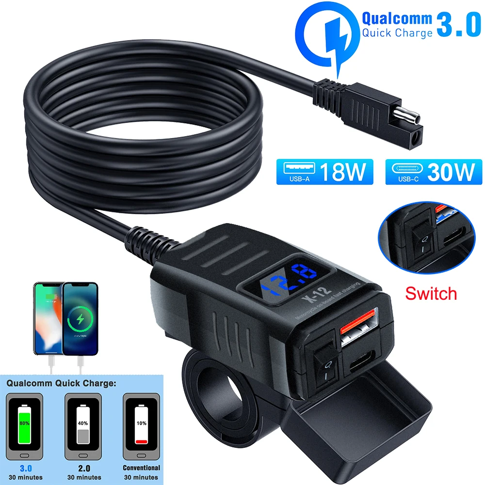 

Водонепроницаемое зарядное устройство USB QC3.0 для мотоцикла с портом Type-C, быстрой зарядкой, выключателем и цифровым вольтметром