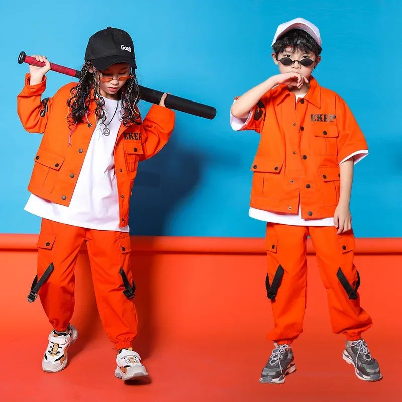 

Jazz Costumes Orange Tooling short Sleeve Jacket Pants Boys Street Dancing Clothes Hip Hop Dance Set Stage Dancewear Kids