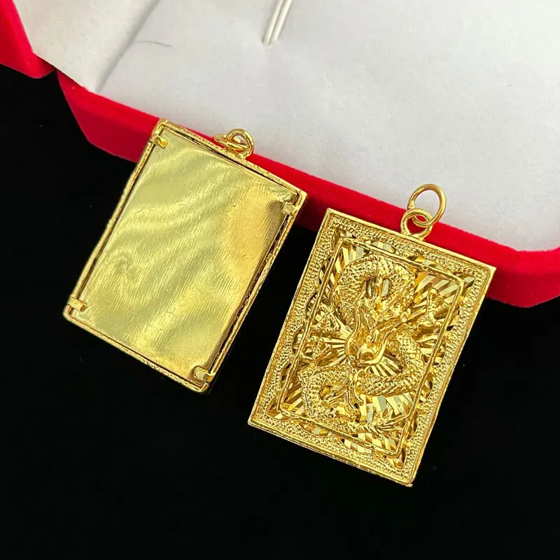 Trendy oriental business unisex square dragon gold pendant, made of premium solid AU999 24K pure gold raw material