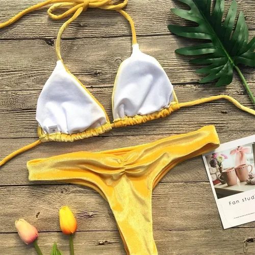 Imagen 2 del producto Bikini de terciopelo con Tanga y cuello Halter para mujer, traje de baño clásico de dos piezas, traje de playa, conjunto de Bikinis triangulares, traje de baño 2025