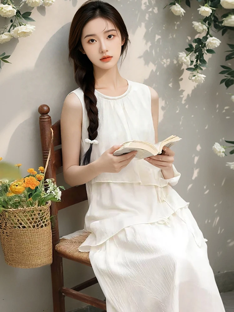 2025 branco retalhos babados casaul vestido de férias feminino elegante sem mangas bodycon vestido longo verão coreano vintage vestido de festa