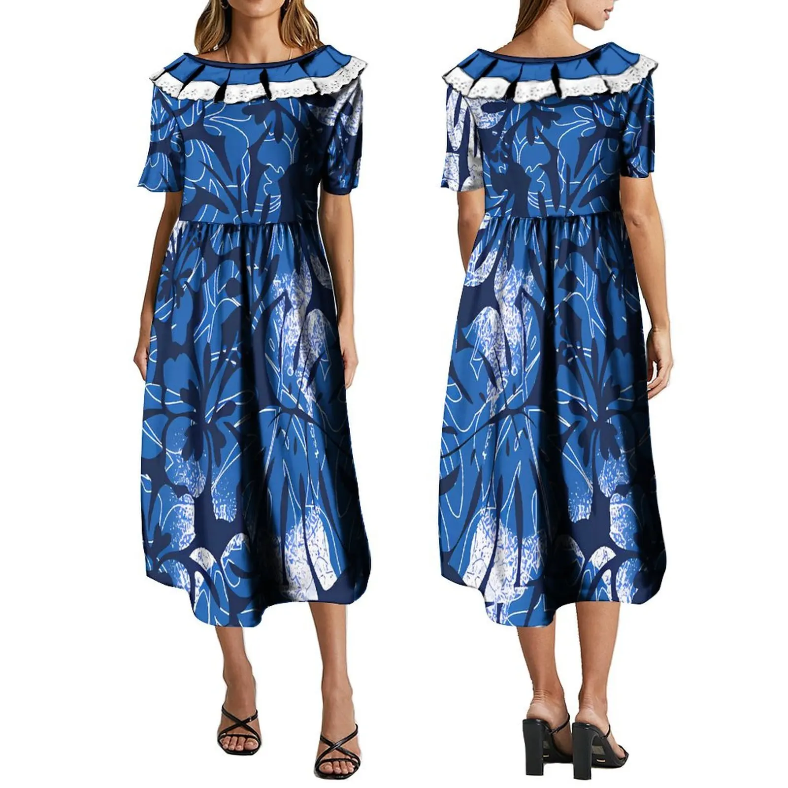 Blue Elegant Couple Set Samoan Tribal Design Men Shirt Hawaii Style Women Ruffle Long Dress Mumu New Polynesian Trends
