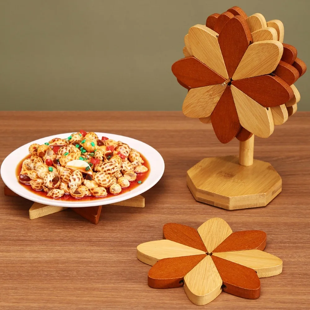 5Pcs Wooden Cup Coaster Polished Windmill-shaped Drink Cushion Anti-wear Waterproof Thick Heat Insulation Layer Anti-scald Pad
