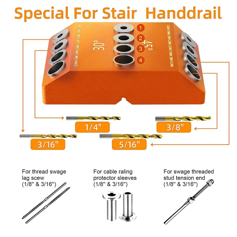 Drill Guide 30 45 90 Degree Angle 4 Size Drill Hole Lag Screw Drill Template Jig For DIY Wood Crafts Stair Wire Handrail Durable