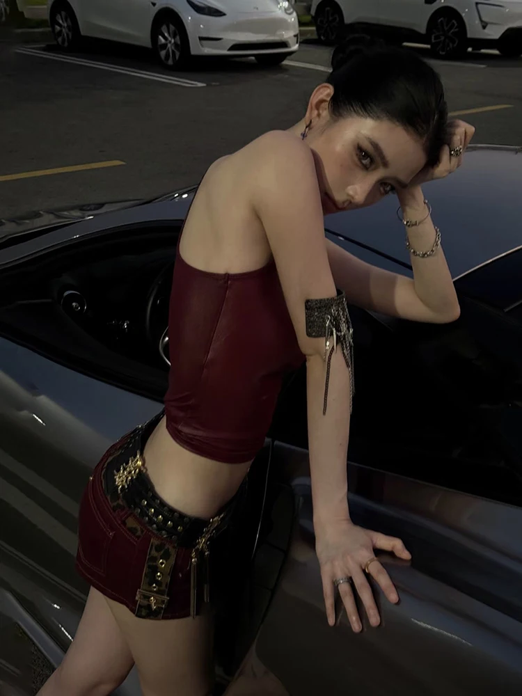 غريب سنور فو الجلود بروتيل القمم المرأة Y2K Coquette ساحة طوق نحيل منتصف الليل الشارع نادي الاتجاه هوتي البرية الأساسية سترة