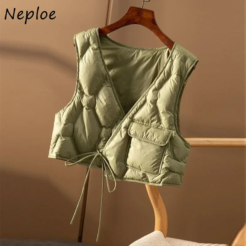 Neploe Cropped Women\'s Waistcoat Fashion Drawstring Solid Color Cotton Waistcoats Sleeveless Outerwear Winter Vest Jacket Female