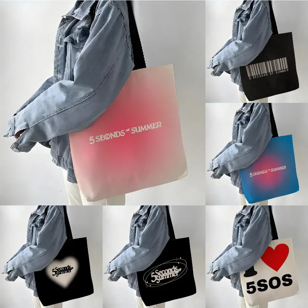Storage Bags Linen Shopper Reusable Tote Grocery Storage Bag Portable Large Capacity Pop Punk Rock 5-5 Seconds of Summer Band