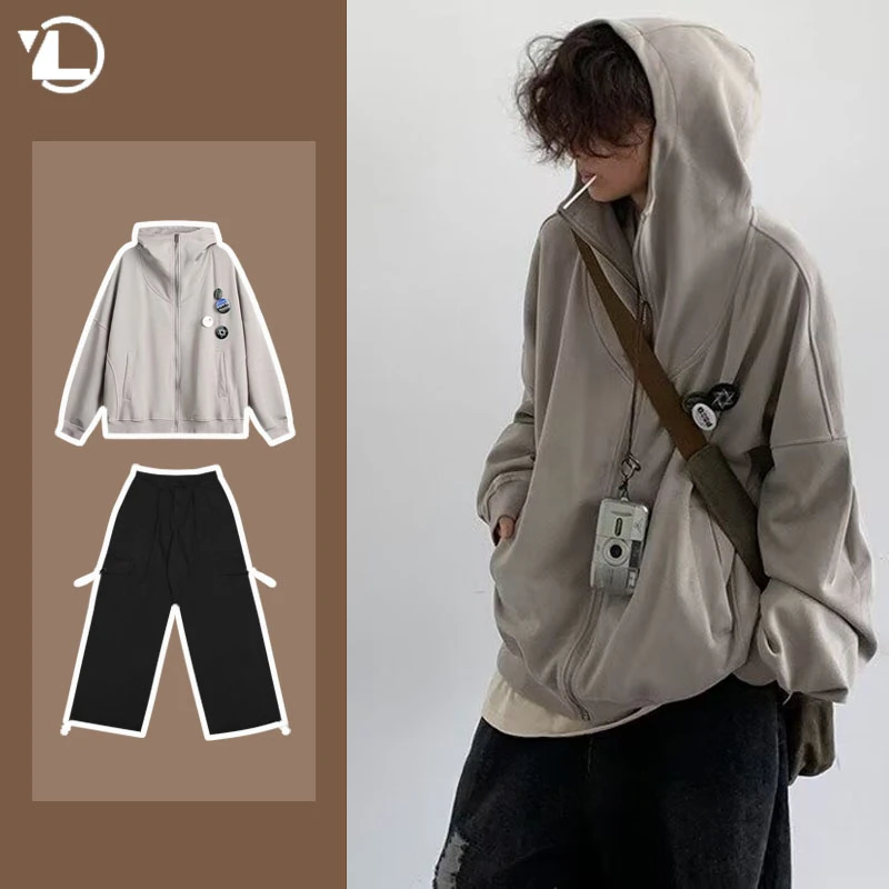 

Autumn College Casual Set Men Japanese Harajuku Zipper Fleece Hoodie Jacket+Retro Wide Leg Pants 2-piece Street Fashion Suit