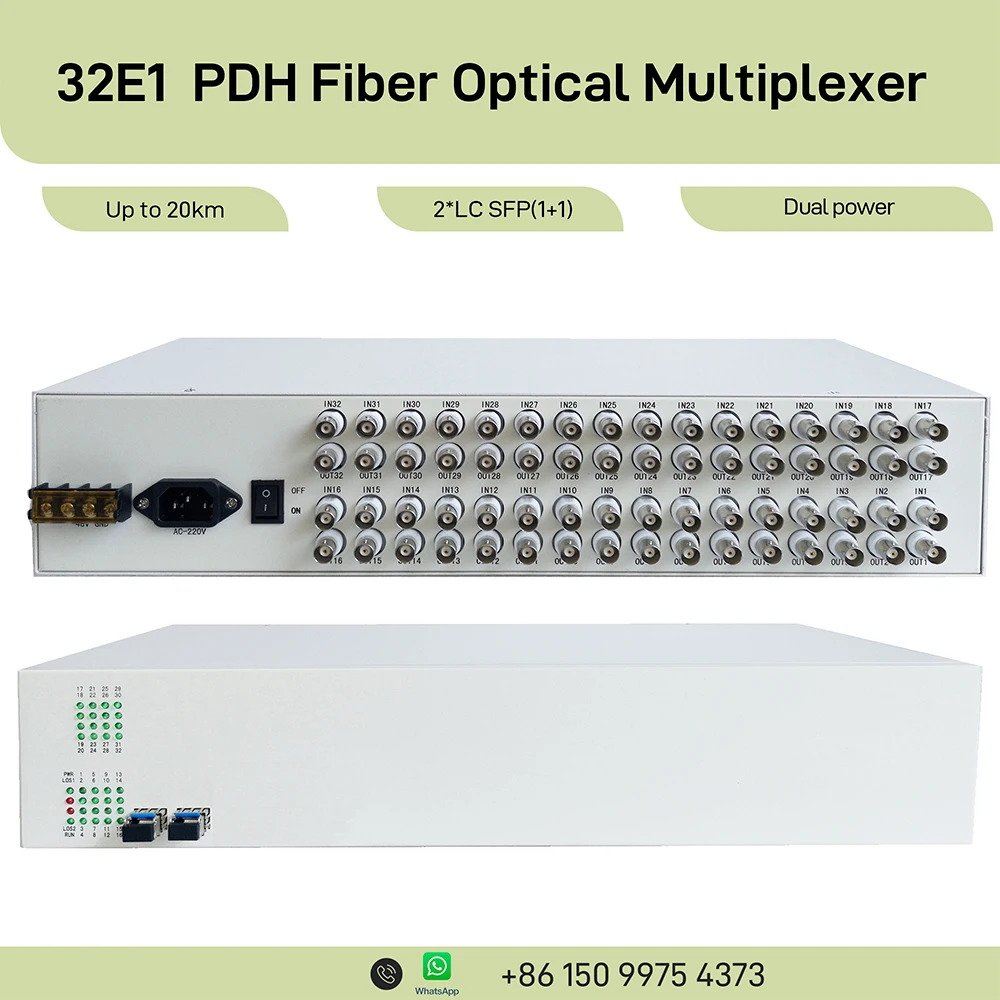 PDH 32E1-G Fiber Optical Multiplexer 32×E1 over Fiber 1.25Gbps LC SFP 1+1 Redundant Protection 2U Rackmount