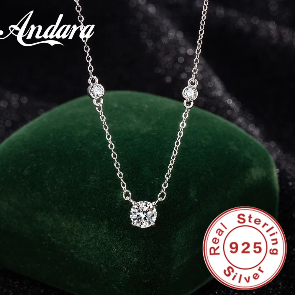 Andara 925 Sterling Silver Necklace Four Claw Zircon Pendant Women'S Elegant Necklace Exquisite Anniversary Party Wedding Gift