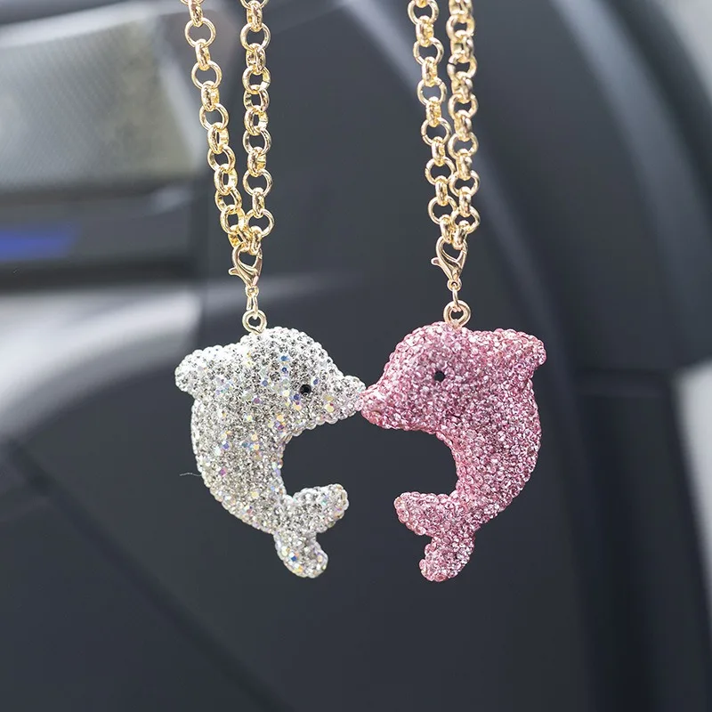 

Creative Rhinestone Bling Pink Dolphin Car Decorative Rearview Mirror Hanging Pendants Auto Accessories Car Styling Fashionable