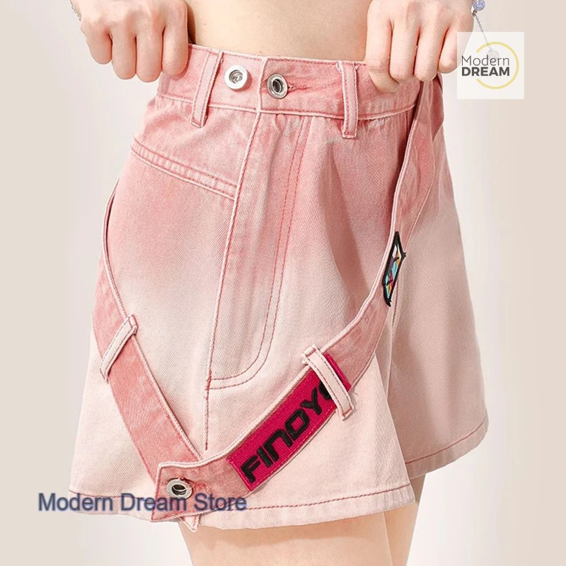 

Summer thin dopamine pink gradient denim shorts female American fashion temperament straight wide leg loose casual pants